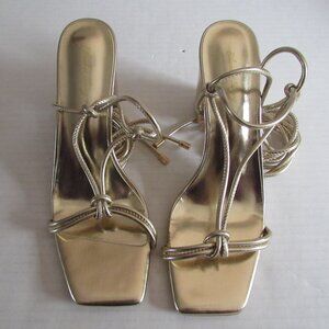Elisabet Tang Metallic Gold Tie Up Block Heel Open Toe Sandals Size 9.5